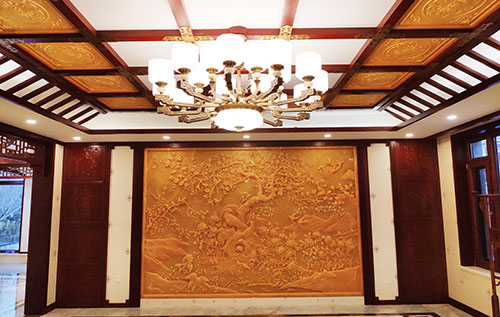 黄浦中式别墅客厅中式木作横梁吊顶装饰展示
