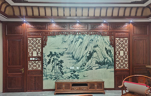 黄浦中式仿古别墅客厅背景墙花格木作装饰